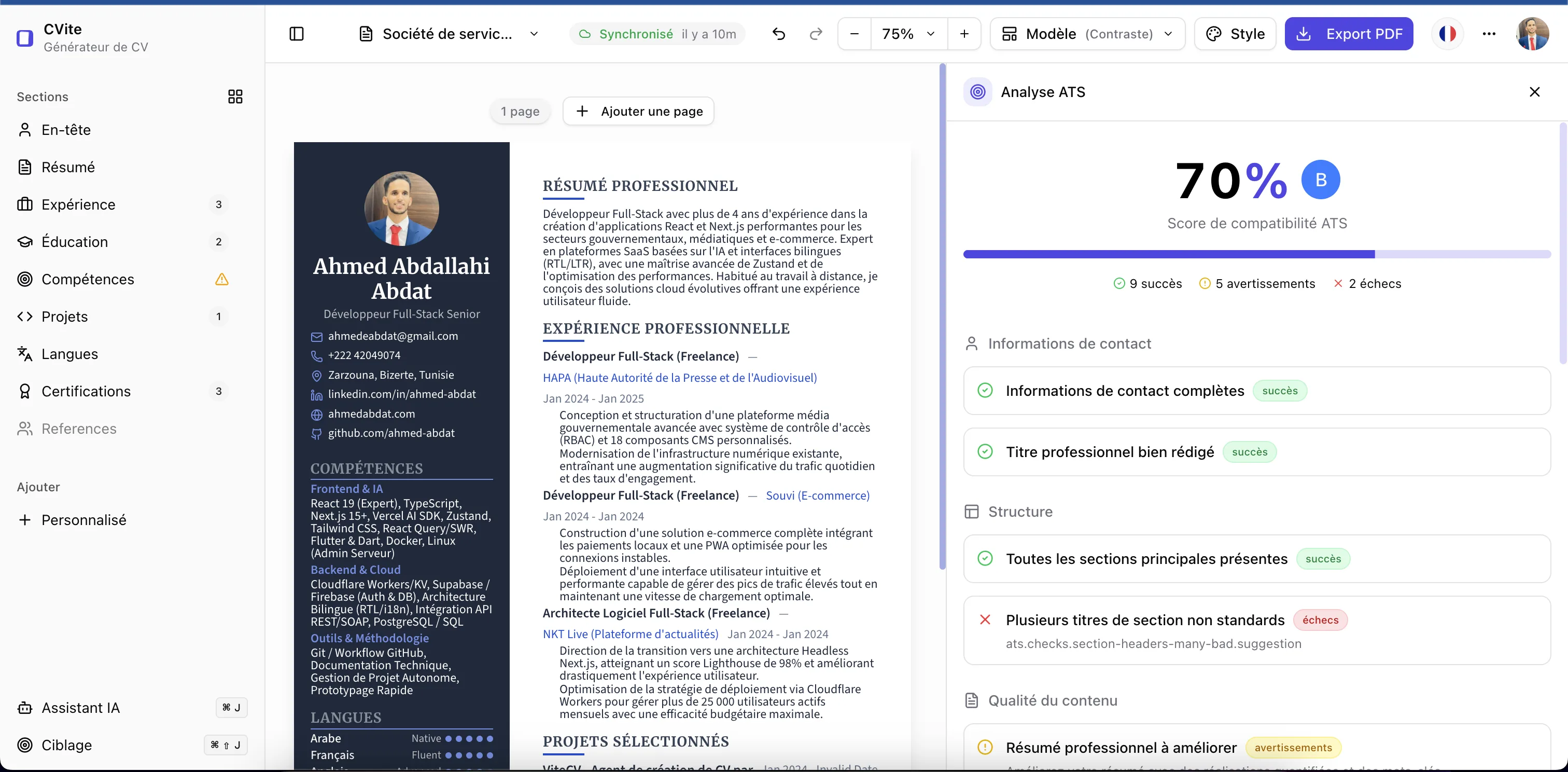 Vérificateur ATS pour la structure, les mots-clés et la lisibilité — CVite