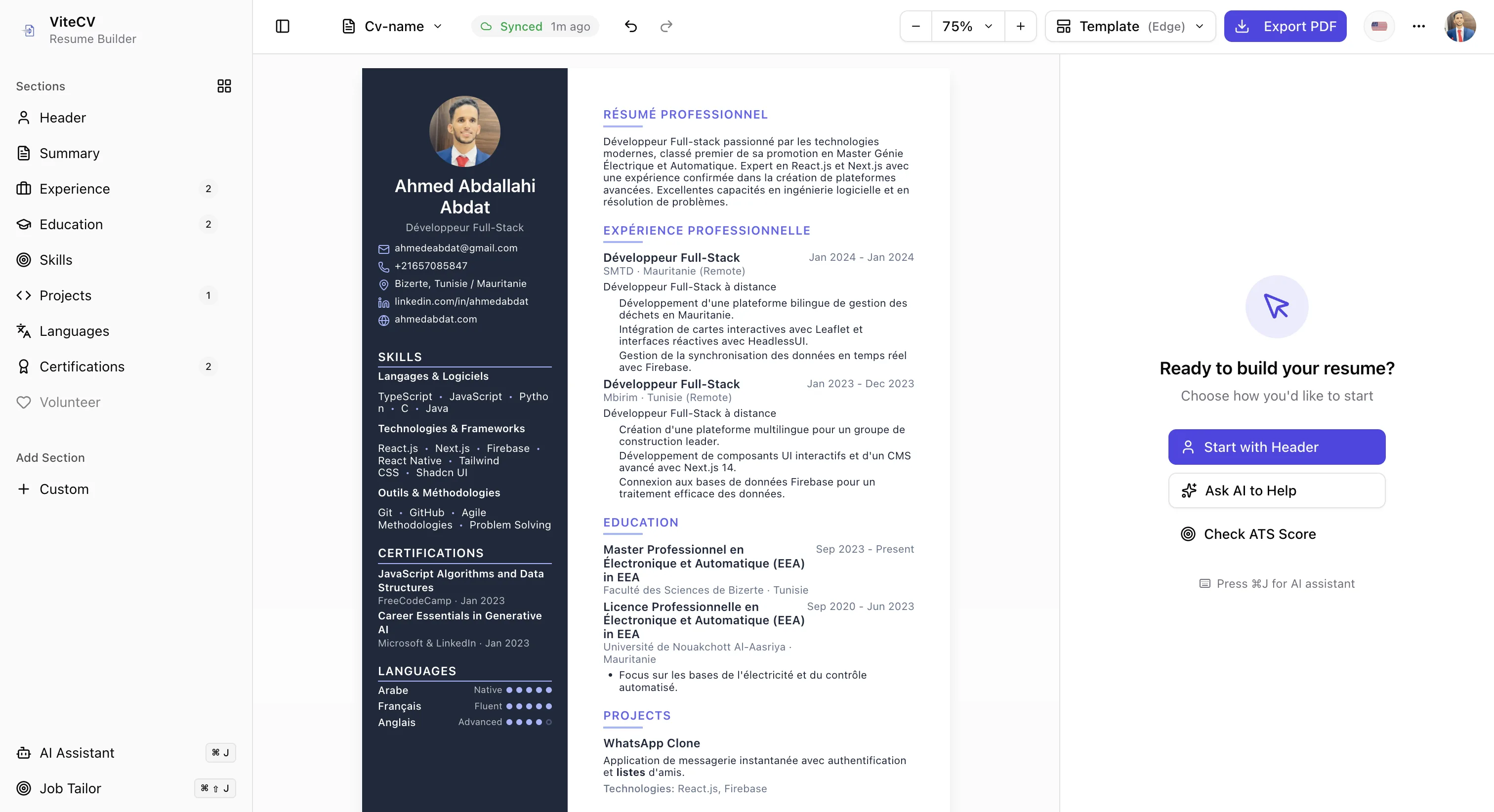 CVite Resume Builder Interface